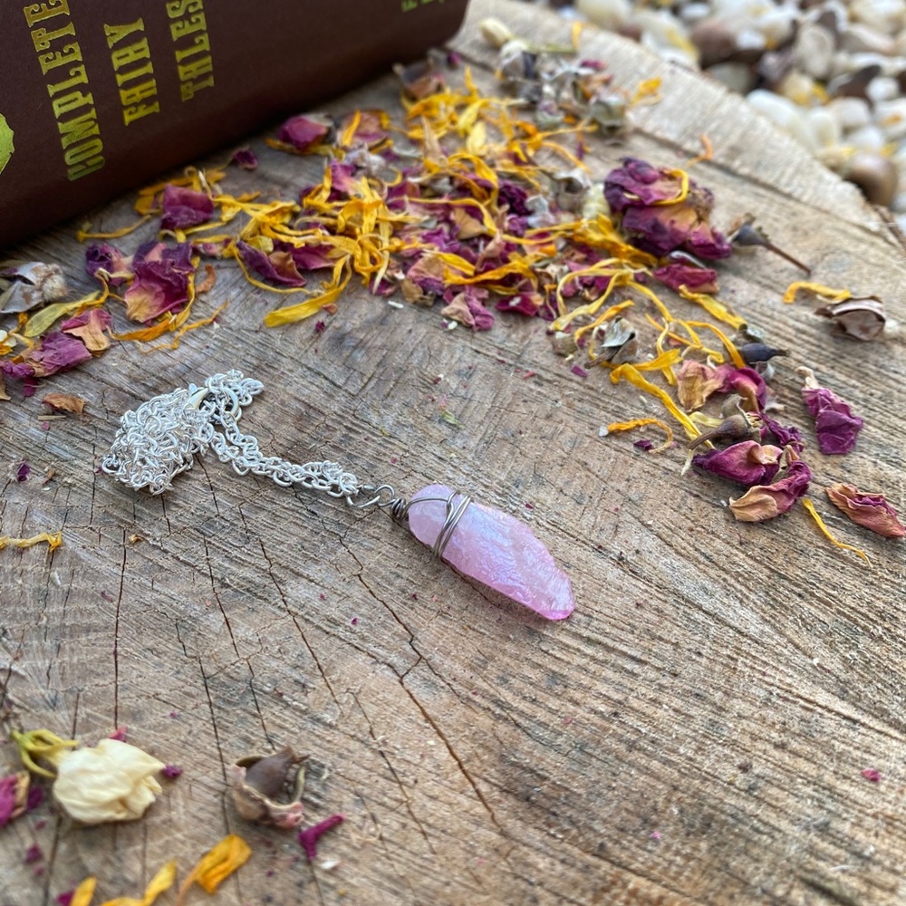 Pink aura quartz necklace